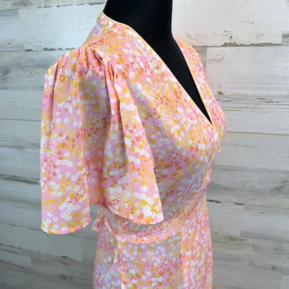 LaRoque Floral Wrap Midi Dress Pink Yellow Cottagecore Preppy Feminine Small - Picture 11 of 16